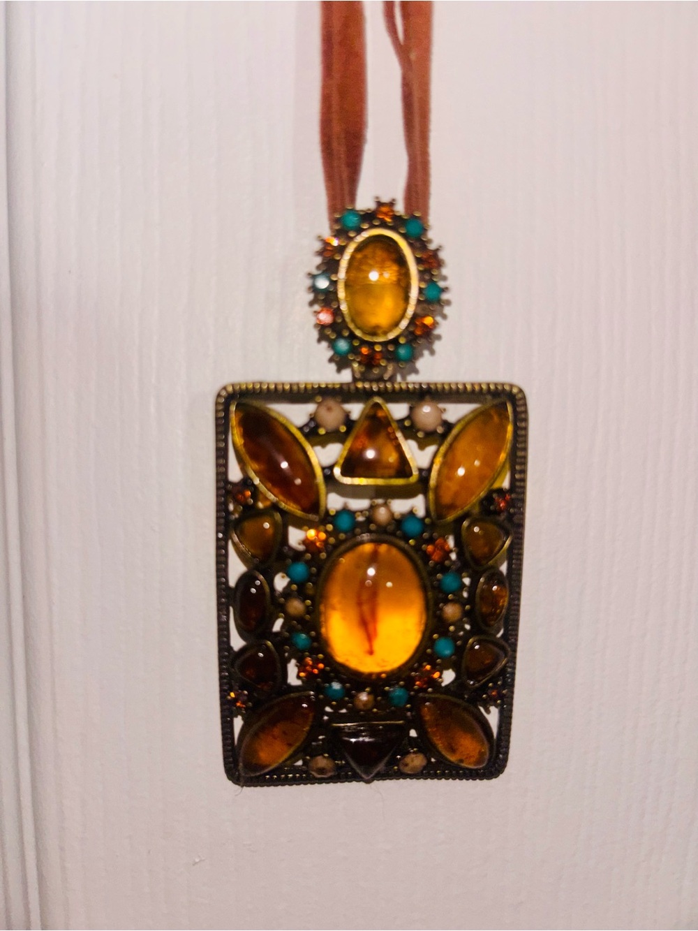 Golden Amber Statement Pendant Necklace with Turquoise Accents